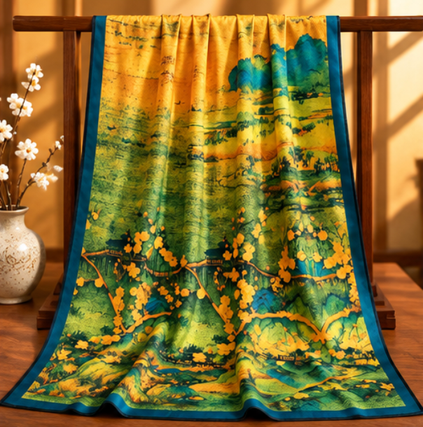 Pañuelo Reversible “Montañas de Jade en Primavera” · Poliéster · 180 × 70 cm