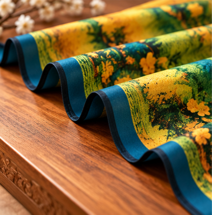Pañuelo Reversible “Montañas de Jade en Primavera” · Poliéster · 180 × 70 cm