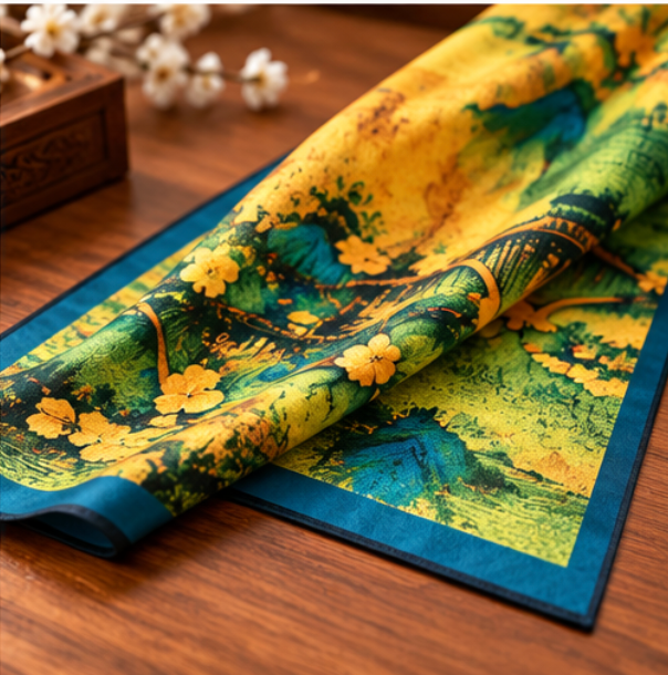 Pañuelo Reversible “Montañas de Jade en Primavera” · Poliéster · 180 × 70 cm