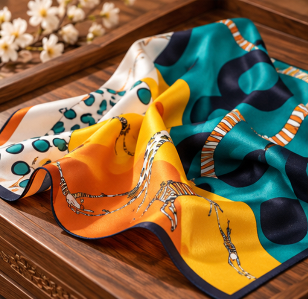 Foulard in seta "Ritmo Tropical" · 100% seta di gelso · 70 × 70 cm