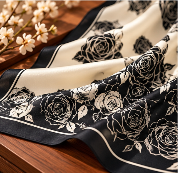 Pañuelo de Seda “Noche de Rosas” · 100% Seda de Morera · 70 × 70 cm