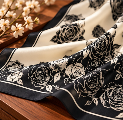 Pañuelo de Seda “Noche de Rosas” · 100% Seda de Morera · 70 × 70 cm