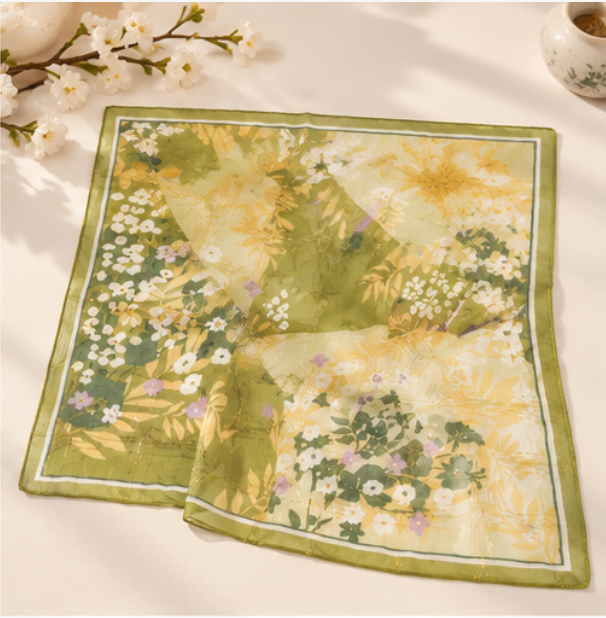 Pañuelo de Seda “Jardín de Olivo” · 100% Seda de Morera · 70 × 70 cm