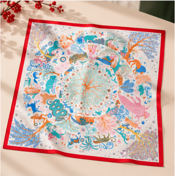 Pañuelo de Seda “Zodiaco Chino” · 100% Seda de Morera · 70 × 70 cm