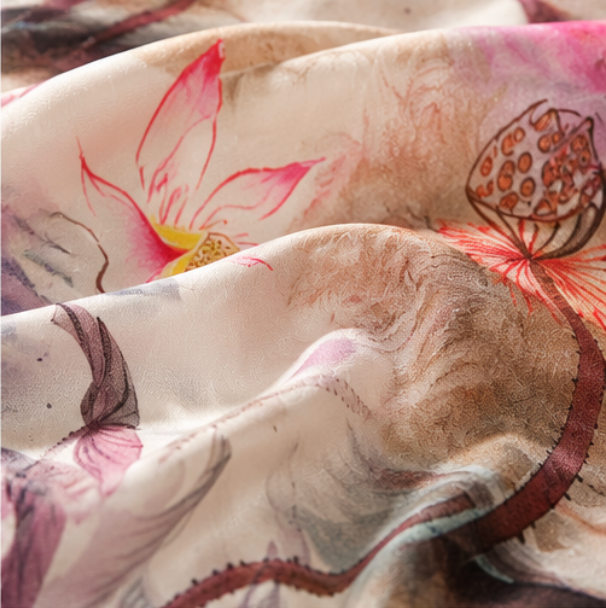 “Lotus in Ink” Silk Scarf · 100% Mulberry Silk · 70 × 70 cm