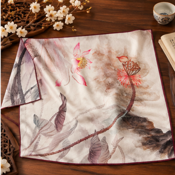 “Lotus in Ink” Silk Scarf · 100% Mulberry Silk · 70 × 70 cm