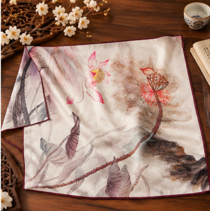 “Lotus in Ink” Silk Scarf · 100% Mulberry Silk · 70 × 70 cm