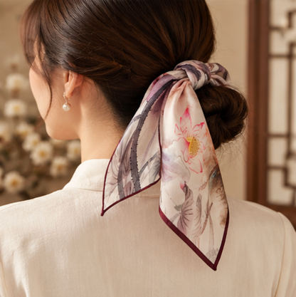 “Lotus in Ink” Silk Scarf · 100% Mulberry Silk · 70 × 70 cm