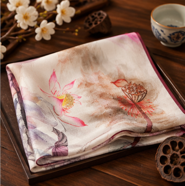 “Lotus in Ink” Silk Scarf · 100% Mulberry Silk · 70 × 70 cm