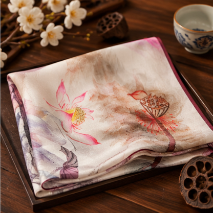 “Lotus in Ink” Silk Scarf · 100% Mulberry Silk · 70 × 70 cm
