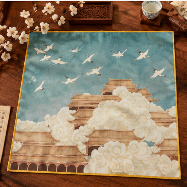 Pañuelo de Seda “Palacio entre Nubes” · 100% Seda de Morera · 70 × 70 cm