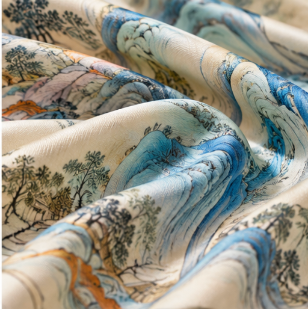 Pañuelo de Seda “Montañas entre Nubes” · 100% Seda de Morera · 70 × 70 cm