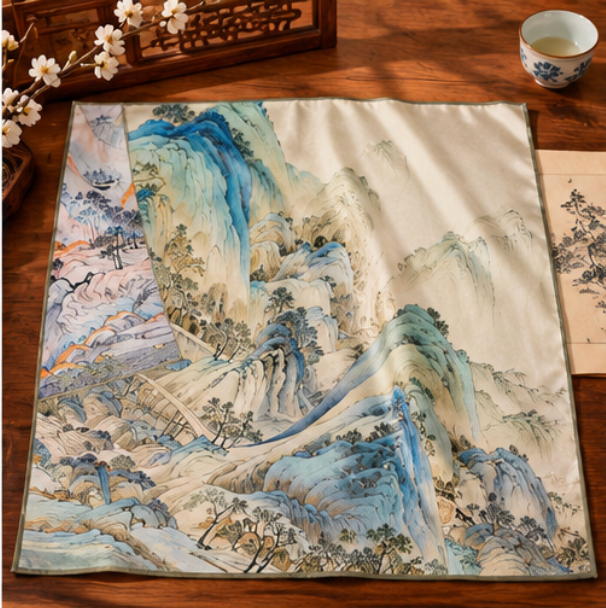 Pañuelo de Seda “Montañas entre Nubes” · 100% Seda de Morera · 70 × 70 cm
