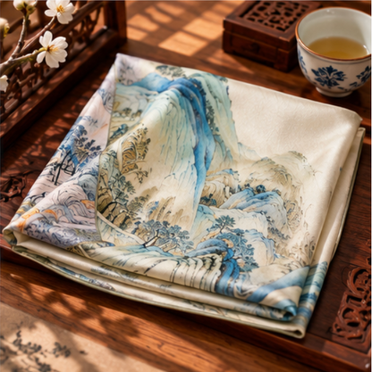 Pañuelo de Seda “Montañas entre Nubes” · 100% Seda de Morera · 70 × 70 cm