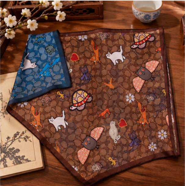 Pañuelo de Seda Reversible “Animales Fantásticos” · 100% Seda de Morera · 70 × 70 cm