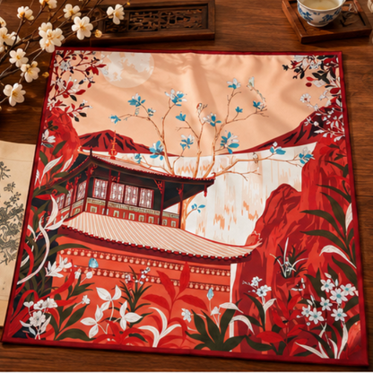 Pañuelo de Seda Reversible “Jardín de Dos Estaciones” · 100% Seda de Morera · 90 × 90 cm