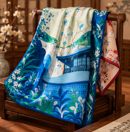 Pañuelo de Seda Reversible “Jardín de Dos Estaciones” · 100% Seda de Morera · 90 × 90 cm