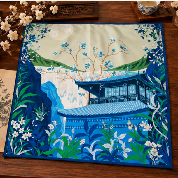 Pañuelo de Seda Reversible “Jardín de Dos Estaciones” · 100% Seda de Morera · 90 × 90 cm