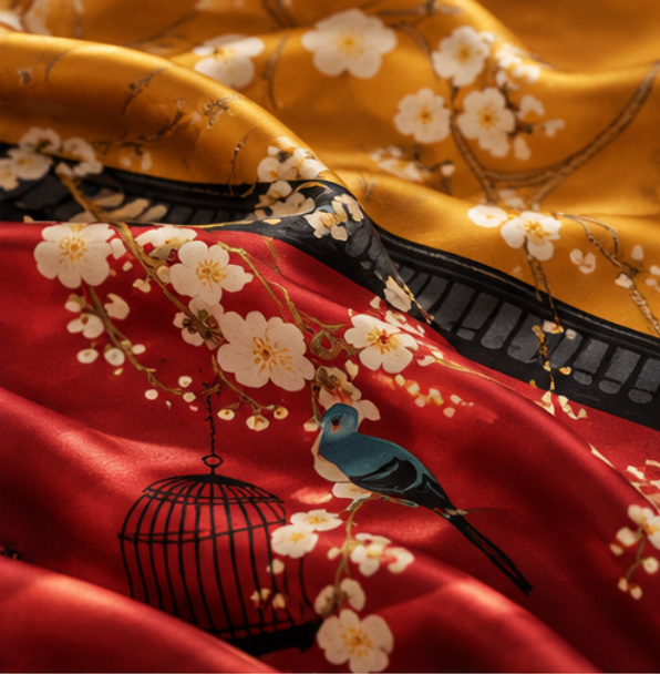 Foulard di seta “Prugni al tramonto” · 100% seta di gelso · 90 × 90 cm