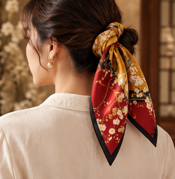 Foulard di seta “Prugni al tramonto” · 100% seta di gelso · 90 × 90 cm