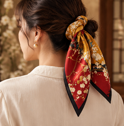 Foulard di seta “Prugni al tramonto” · 100% seta di gelso · 90 × 90 cm