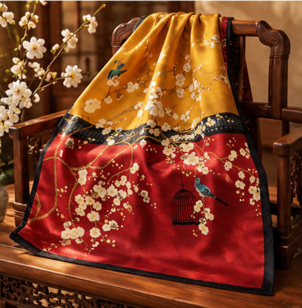 Foulard di seta “Prugni al tramonto” · 100% seta di gelso · 90 × 90 cm