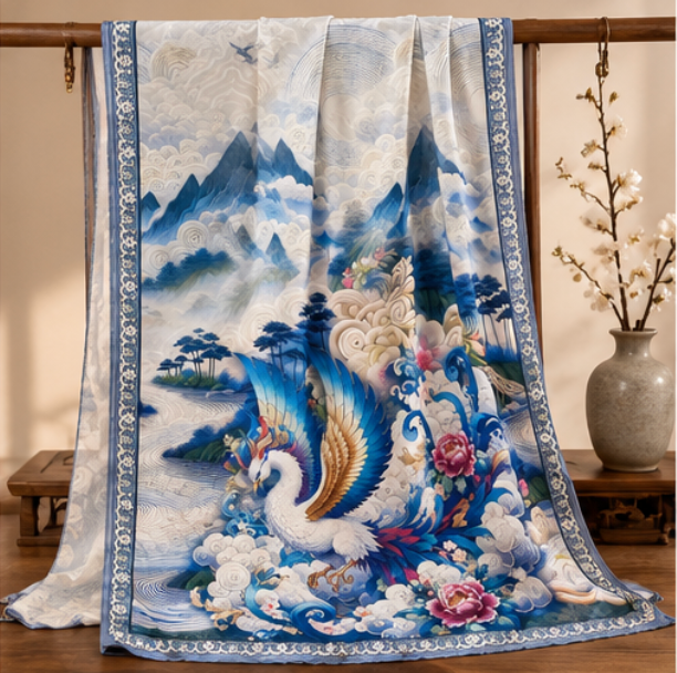 Pañuelo Reversible “Grulla entre Nubes y Montañas” · Poliéster · 180 × 70 cm