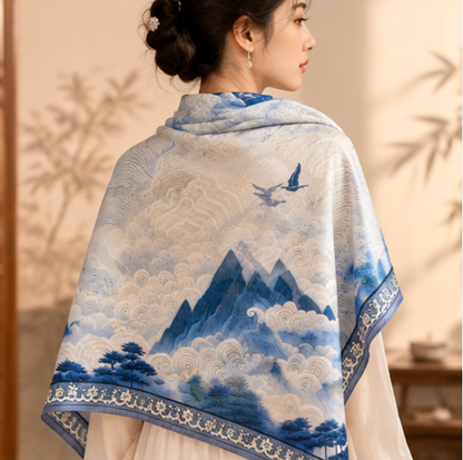 Pañuelo Reversible “Grulla entre Nubes y Montañas” · Poliéster · 180 × 70 cm