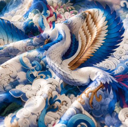 Pañuelo Reversible “Grulla entre Nubes y Montañas” · Poliéster · 180 × 70 cm