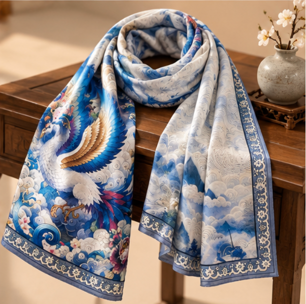 Pañuelo Reversible “Grulla entre Nubes y Montañas” · Poliéster · 180 × 70 cm