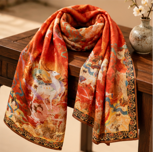 “Nine-Colored Deer” Reversible Scarf · Polyester · 180 × 70 cm