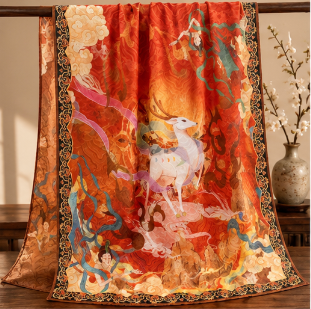 “Nine-Colored Deer” Reversible Scarf · Polyester · 180 × 70 cm