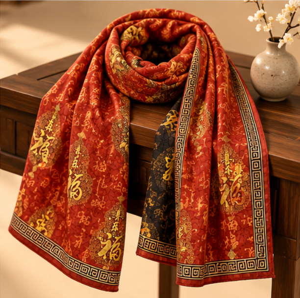 “One Hundred Blessings 百福” Reversible Scarf · Polyester · 180 × 70 cm