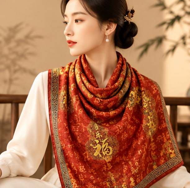 “One Hundred Blessings 百福” Reversible Scarf · Polyester · 180 × 70 cm