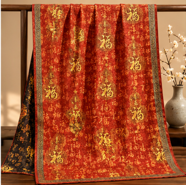 “One Hundred Blessings 百福” Reversible Scarf · Polyester · 180 × 70 cm