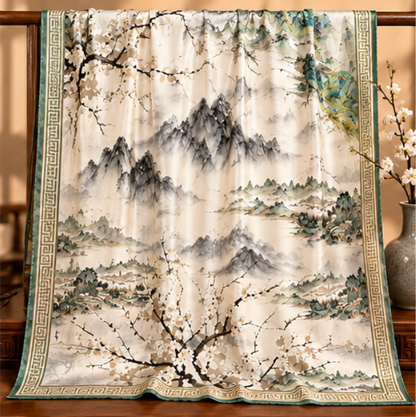 Foulard en soie réversible « Mille li de rivières et de montagnes » · 100 % soie de mûrier · 110 × 110 cm