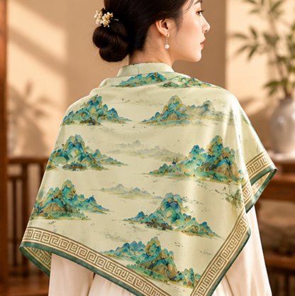 Foulard en soie réversible « Mille li de rivières et de montagnes » · 100 % soie de mûrier · 110 × 110 cm