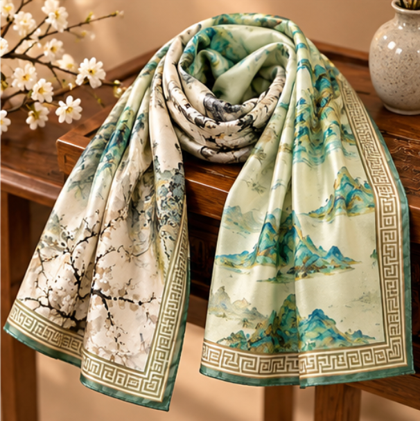 Foulard en soie réversible « Mille li de rivières et de montagnes » · 100 % soie de mûrier · 110 × 110 cm