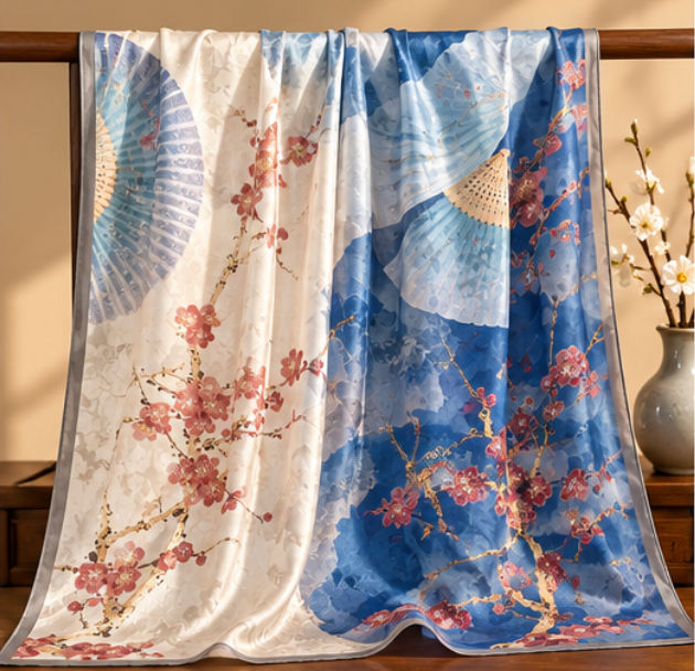 “Fans among Plum Blossoms” Silk Scarf · 100% Mulberry Silk · 110 × 110 cm