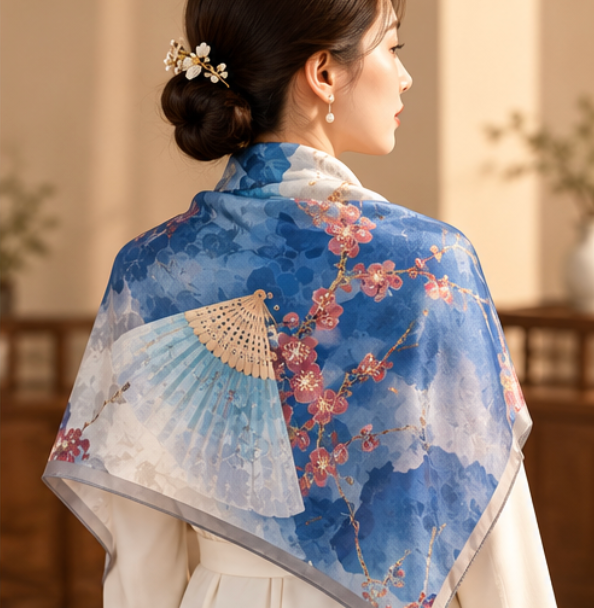 “Fans among Plum Blossoms” Silk Scarf · 100% Mulberry Silk · 110 × 110 cm