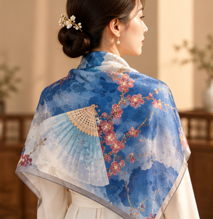 “Fans among Plum Blossoms” Silk Scarf · 100% Mulberry Silk · 110 × 110 cm