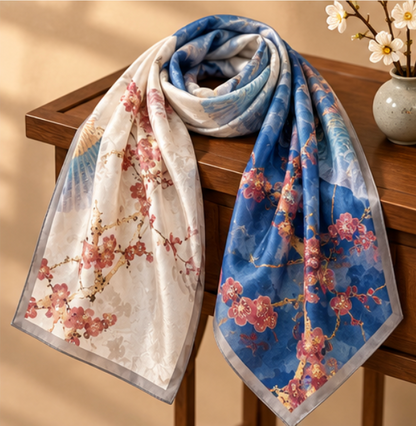 “Fans among Plum Blossoms” Silk Scarf · 100% Mulberry Silk · 110 × 110 cm