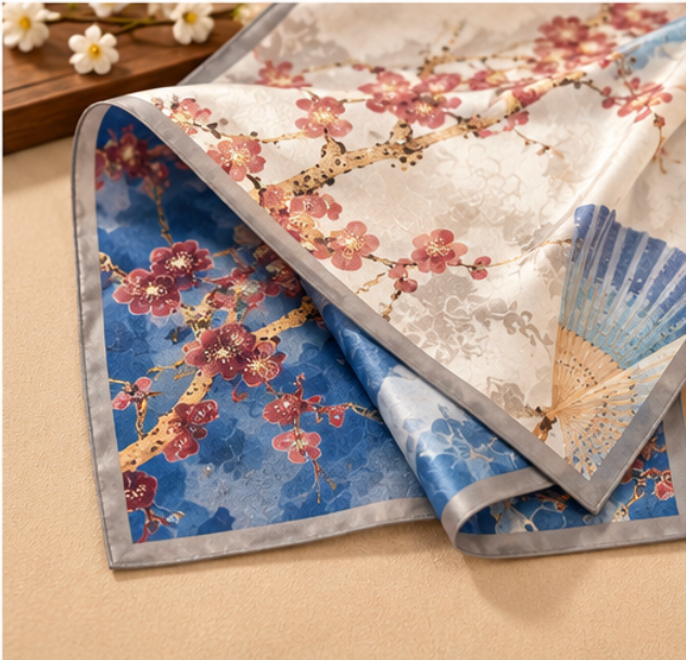“Fans among Plum Blossoms” Silk Scarf · 100% Mulberry Silk · 110 × 110 cm