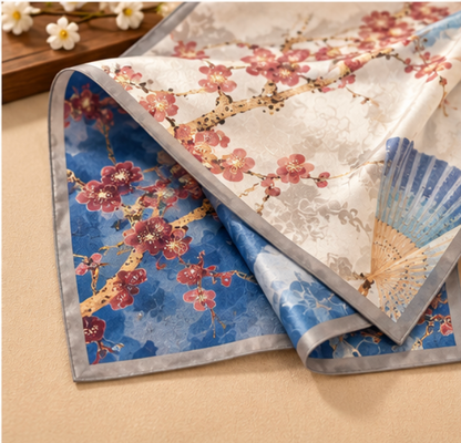 “Fans among Plum Blossoms” Silk Scarf · 100% Mulberry Silk · 110 × 110 cm