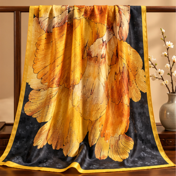 Pañuelo de Seda “Oro en Flor” · 100% Seda de Morera · 110 × 110 cm