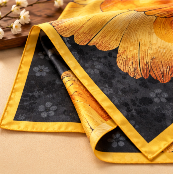 Pañuelo de Seda “Oro en Flor” · 100% Seda de Morera · 110 × 110 cm