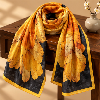 Pañuelo de Seda “Oro en Flor” · 100% Seda de Morera · 110 × 110 cm