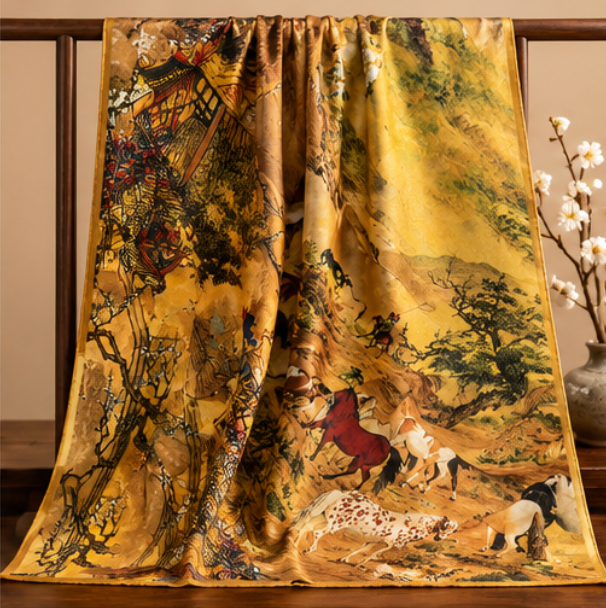 Pañuelo de Seda “Camino Antiguo entre Montañas” · 100% Seda de Morera · 110 × 110 cm