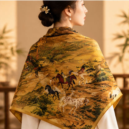 Pañuelo de Seda “Camino Antiguo entre Montañas” · 100% Seda de Morera · 110 × 110 cm