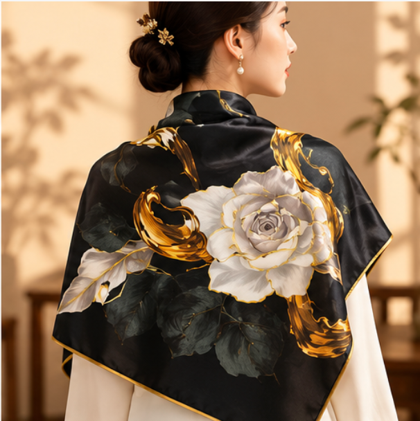 "Golden Night" Silk Scarf · 100% Mulberry Silk · 110 × 110 cm